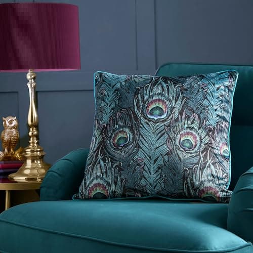Image of Laurence Llewelyn-Bowen Teal Peacock Cushion 55x55cm Jacquard Design – Reversible – Piped Edge – Feather Print – Luxury Filled Cushion for Sofa or Bed