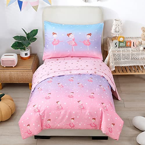 Image of STYHO Children Bedding Set Single Size Reversible Dancing Girls Pattern Duvet Cover for Kids/Junior Gradient Comforter Cover Stars Printed Ultra Soft Microfiber Quilt Cover(Blue/Purple/Pink, Single)