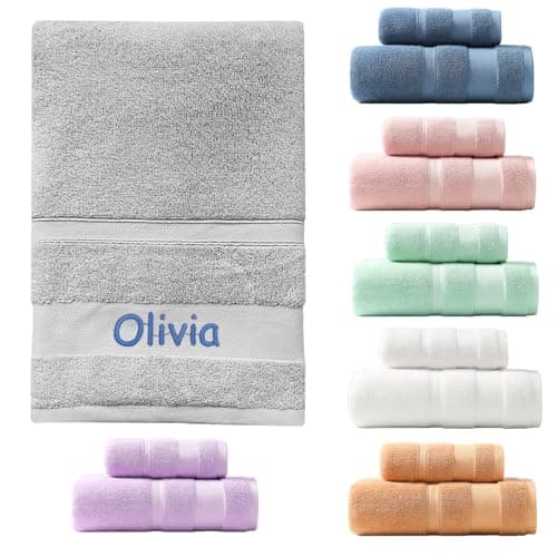 Image of Colifolu Custom Embroidered Bath Towel Personalised Towels with Business Logos, Supersoft,Bath Towels, Bath Sheets or Sets, Embroidered with Any Name (Light Grey, Hand Towel (74x34cm))