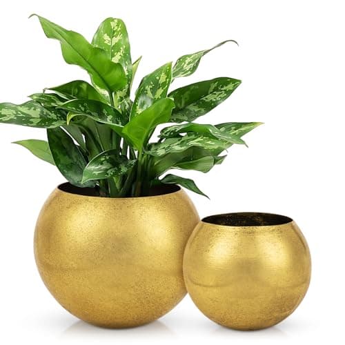 Image of Oairse Gold Metal Plant Pot with Drainage Hole & Plug Round Galvanised Planter for Indoor/Outdoor Decorative Vintage Rustic Flower Pots for Home Office