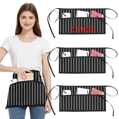 Image of FunChaos 3 Pack Waist Apron with 3 Pockets, Black White Waitress Waiter Aprons for Women Man, Water Resistant Server Aprons Long Straps Bistro Apron for Chef Restaurant Work Bar (23.62''X11.81'')