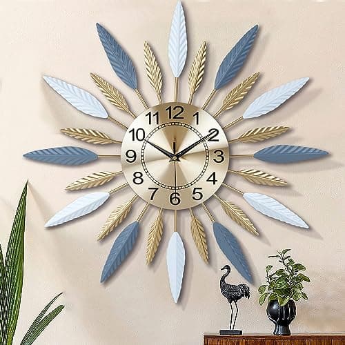 Image of Lafocuse Large Metal Wall Clock for Living Room Decor, 56CM Blue Gold Sunburst Decorative Clocks Modern Art Decor Silent Battery Operated