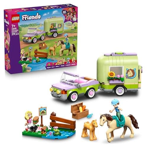 Image of LEGO Friends Horse & Baby Foal Trailer - Horse Toy Playset w/Grooming Accessories, 4 Animal Figures, Car & 2 Mini Dolls - Birthday Gift Idea for 7+ Year Old Girls - 42695