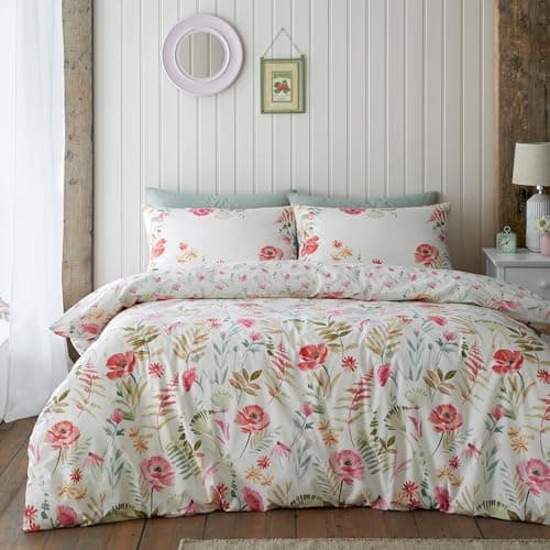 Image of Catherine Lansfield Ella Poppy Reversible Single Duvet Cover Set with Pillowcase Cream