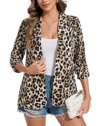 Image of MINTLIMIT Women's Front Lined Chiffon Yellow Blazer with Black Leopard Lightweight Open Front Shawl Collar 3/4 Ruched Sleeve Work Events Summer Parties (Yellow & Black Leopard M)