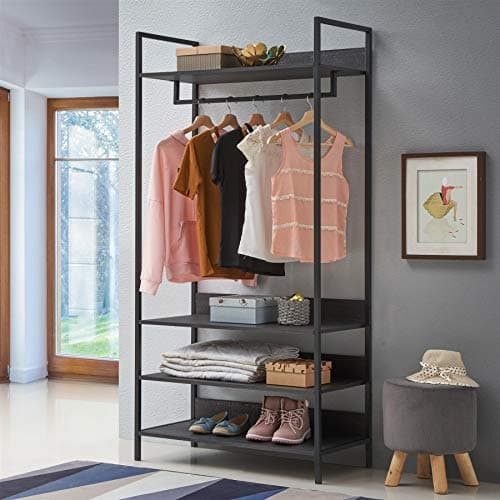 Image of Timber Art Design UK Zahra Bedroom Double Open Wardrobe 4 Shelves Furniture Storage Cupboard Black