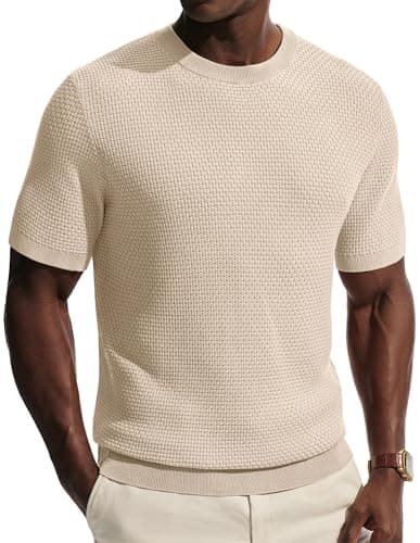 Image of PJ PAUL JONES Mens T-Shirts Short Sleeve Crew Neck Tshirt Solid Knitted Tee Mens Tops Apricot XL