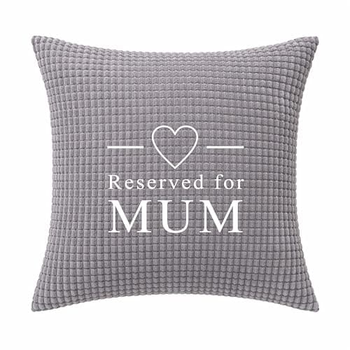 Image of JJLC “Reserved for Mum” Embroidered Cushion Cover – Waffle Textured Cushion – Black, Beige or Grey – 45cm Square – Optional Inner (Grey Mum, Cushion Only)