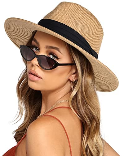 Image of FURTALK Sun Hats for Women Men Adjustable Summer Panama Fedora Wide Brim UPF 80+ Foldable Packable Straw Beach Hat, Khaki-Black Ribbon, M-L