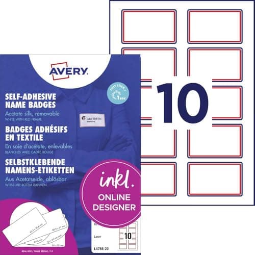 Image of Avery Name Badge Labels Laser Self-adhesive 80x50mm Red Border Ref L4786-20 [200 Labels] (L4786-20)