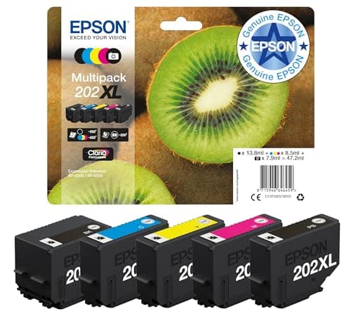 Image of Epson 202XL Kiwi Genuine High Yield Multipack, 5-colours Ink Cartridges, Claria Premium Ink