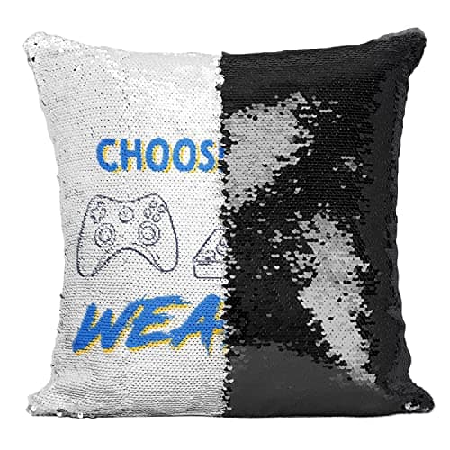 Image of Fabulous Sequin Cushion Cover Black Choose your weapon Video Games Retro Gaming Arcade