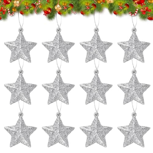 Image of Gukasxi 12Pcs Glitter Stars Hanging Ornaments Christmas Tree Decorations 5cm Pentagram Hanging Ornaments 3D Glitter Star Pendants for Xmas Tree Ornament Gift Wrapping Decor (Silver)