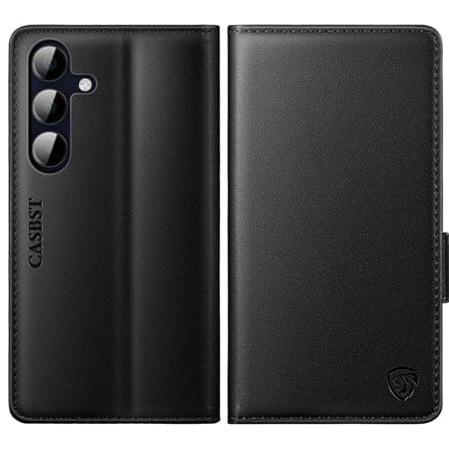 Image of CASBST for Samsung Galaxy S24 Case, Kickstand Flip Leather Wallet Book Case with Card Slots Shockproof Magnetic Closure Protective Phone Case Cover Compatible with Samsung S24 - Black