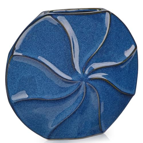 Image of Arborus Blue Ceramic Vases 7" Pastille Vase Decorative Modern Vase for Pampas Grass Dried Flowers Round Elegant Textured Flower Vases for Living Room Bedroom Office Home Decor