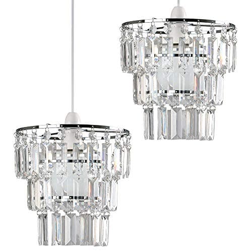 Image of MiniSun | Modern 3 Tier Ceiling Light Shades with Clear Acrylic Jewel Effect Droplets | Pendant Lights, Home Décor & Improvement Essential | Set of 2 | Includes 10W LED GLS Bulbs | 23cm Shade Width