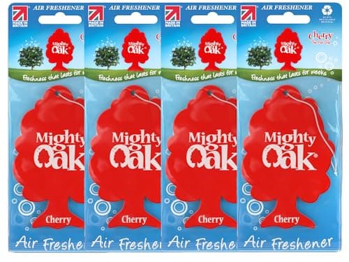 Image of Mighty Oak Cherry Car Air Freshener - 4 Pack - Long Lasting Hanging Car Deodoriser - Odour Eliminator - UK Made Car Scent Freshener - Auto Accessories