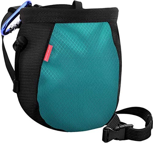 Image of Rhino Valley Climbing Chalk Bag, No Leak Drawstring Chalk Bag with Adjustable Belt, Carabiner Clip and Zippered Pockets Chalk Bag for Climbing, Cross Fit, Weight Lifting & More - Black & Light Blue