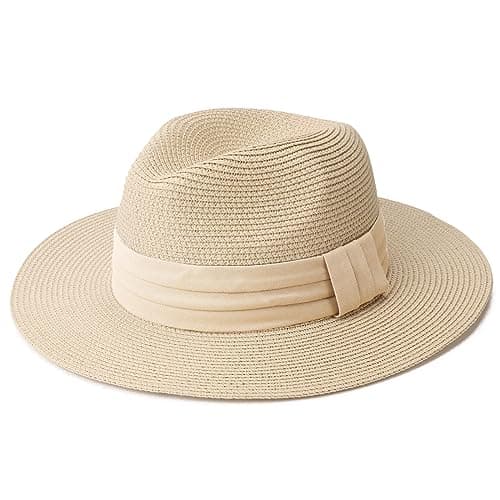 Image of DRESHOW Women Wide Brim Straw Panama Roll up Hat Fedora Beach Sun Hat UPF 50+