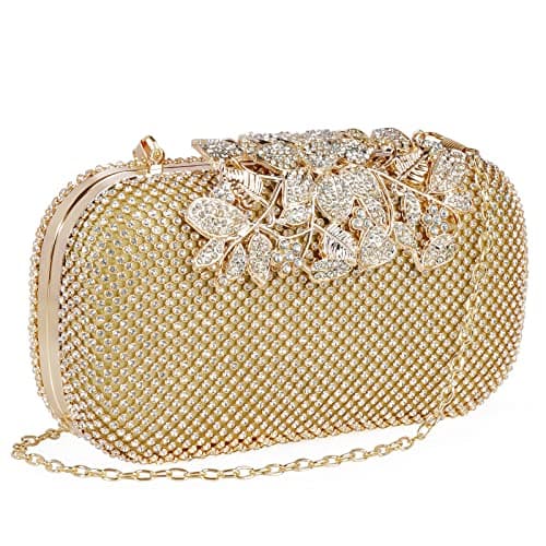 Image of ELEOPTION Women Crystal Diamond Evening Bag with Detachable Chain Chic Leaves Clasp Clutch Diamante Clutch Bag Ladies Sparkly Rhinestone Purse Wallet Handy Bag Party Bridal Prom Wedding, Gold