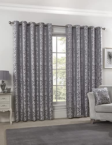 Image of Emma Barclay – Fully Lined Curtains for Bedroom Living Room Jacquard Eyelet Two Panel Damask Curtains Eden Collection (90” x 72” Inch)(Silver)