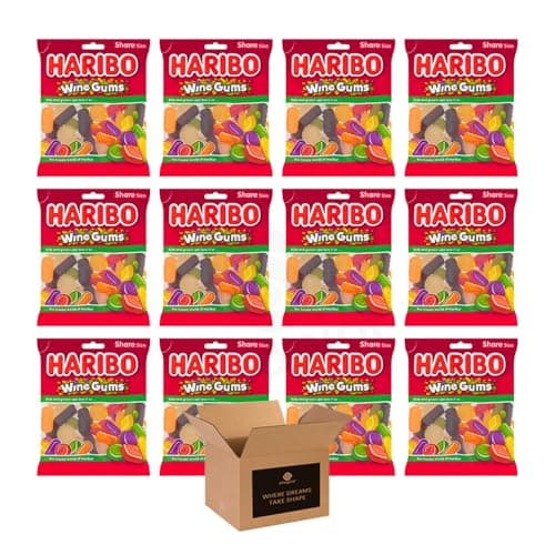 Image of Sweets Share Size Bags | Sweet & Sour Jellies, Gummy Candy & Chewy Treats for Kids & Adults | Party, Halloween, Xmas Gift Snacks (Haribo Wine Gums 12Pack x 160g)