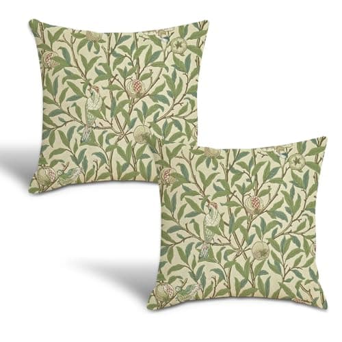 Image of Set of 2 William Morris Cushion Covers 45 x 45 cm, Vintage Botanical Decorative Pillowcases, Soft Cushioncase Cover, Green Square Throw Pillow Cases for Sofa Couch Living Room Bedroom Home Decor
