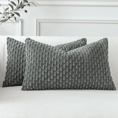 Image of Sungeek Set of 2 Dark Grey Soft Corduroy Decorative Cushion Covers Boho Striped Throw Pillow Covers for Sofa Couch Living Room Patio Farmhouse Home Decor Pillowcases 30x50cm