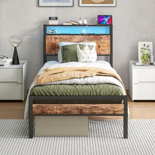 Image of HOJINLINERO Single Bed Frame with Storage Shelf Headboard & LED Lights,Metal Platform Bed Frame with Charging Station,Mattress Base/Strong Slats Support/UnderBed Storage/Easy Assembly for Adults,Brown