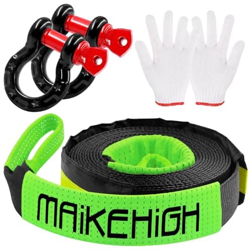 Image of MAIKEHIGH Tow Rope 5M x 5cm,10 Ton (22,000 Lbs) Off-Road Recovery Tow Strap with 2 Anti-Proof Gloves, 2 Reinforced Shackles (Black-Green)