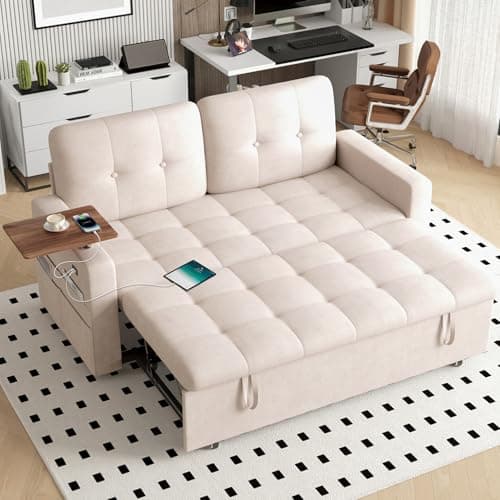 Image of 2 Seater Sofa Bed with USB & Type-C Charging Ports, 3 in 1 Convertible Corner Sleeper Chair Bed with 360° Swivel Table, 6-Position Adjustable Backrest, Pull Out Double Sofa Bed for Living Room (Beige)