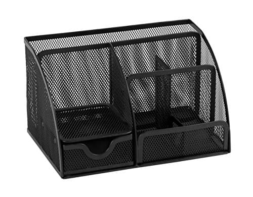 Image of Osco Small Wiremesh Desk Organiser, Metal Mesh Pen Pot Desk Tidy with 6 Compartments & Single Drawer, Desktop Stationery Storage for Office & Home, Black