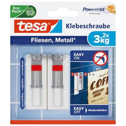 Image of tesa 77765-00005-00 Smart Mounting System Adjustable Adhesive Screw Hook with Removable Adhesive Strips for Tiles, Metal and Smooth Surfaces, 3kg White