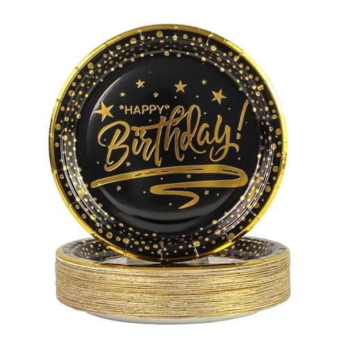 Image of 50PCS Happy Birthday Paper Plates 7 inch, Disposable Black Gold Dessert Paper Plates Dinner Plates Cake Plate Party Supplies for Birthday Party Decorations (Black)