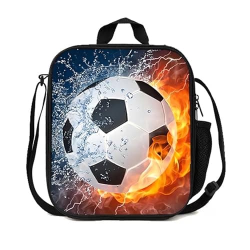 Image of FORYNXHWIN Football Lunch Box Bag, Insulated Lunch Bag Boys Girls 3D Football Insulated Lunch Bag Kids Reusable Cooler Warm Lunch Box with Drink Bottle Holder for School Picnic Travel Hiking Camping
