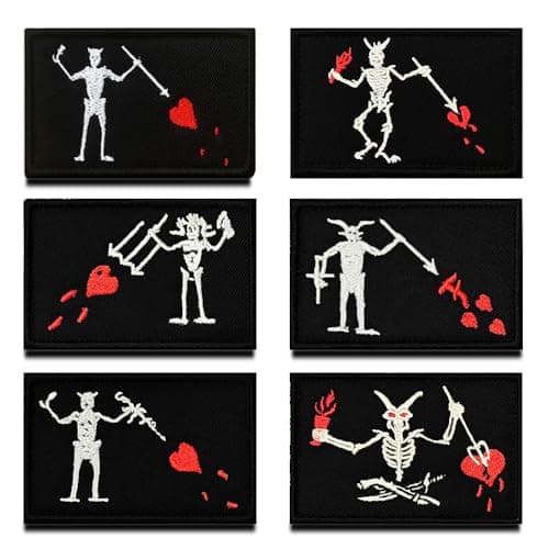 Image of Pack of 6 Blackbeard Pirate Red Heart Fun Embroidered Embroidery Applique Pirate Flag Emblem Patch for Closing Clothes Jackets Jeans Hat Vest Dog Harness Backpack Collection
