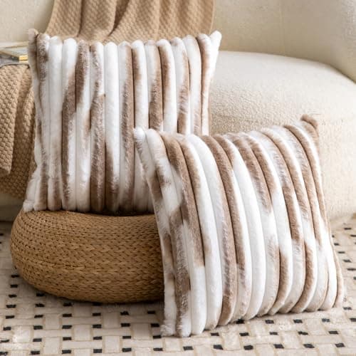 Image of Madizz Set of 2 Faux Fur Decorative Cushion Covers 18x18 inch, 45x45 cm, Brown White Soft Couch Throw Pillows for Bed Modern Pillowcases for Sofa Livingroom Home Decor