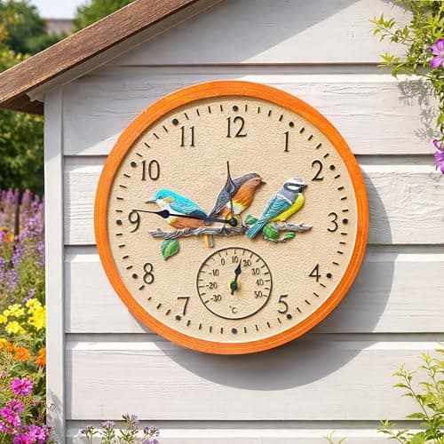 Image of Marco Paul Large 30cm Outdoor Garden Wall Clock Bird Design Thermometer Weatherproof Waterproof Resin Wall Clock Indoor Outdoor Arabic Numerals Battery Operated Decorative Patio Fence Clock