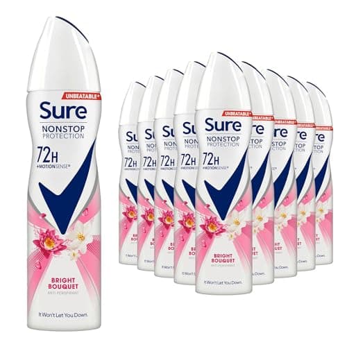 Image of Sure Antiperspirant 72H Nonstop Sweat and Odour Protection Alcohol-Free Body Spray Anti-White Marks with Fresh and Clean Multi Fragrance Deodorant for Women, 150ml Pack of 12 (Bright Bouquet)