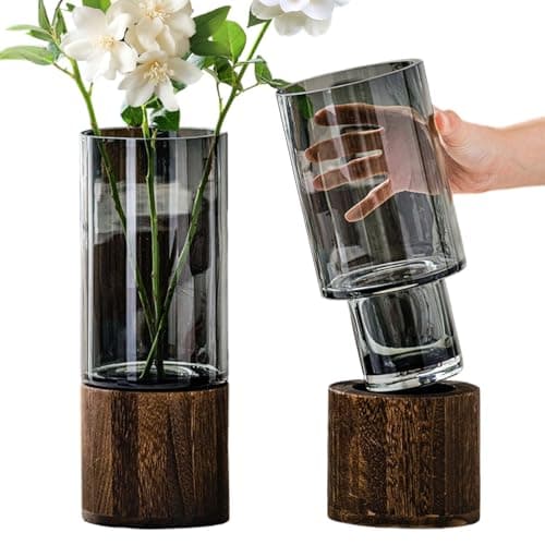 Image of Artistic Wood Glass Cylindrical Grey Flower Vase with Wooden Base Plant Vases for Pampas Grass Dried Flowers, Classic Boho Rustic Style for Wedding Home Decor Table Centerpieces (Grey Clear)