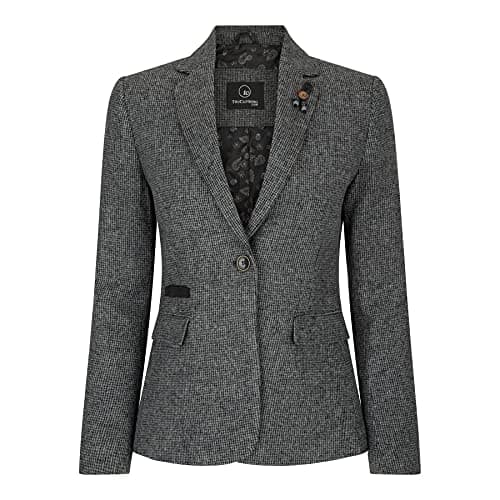 Image of TruClothing Women Blazer Tweed Herringbone Wool Classic Smart Casual Vintage Check 1920s - Grey 01 18