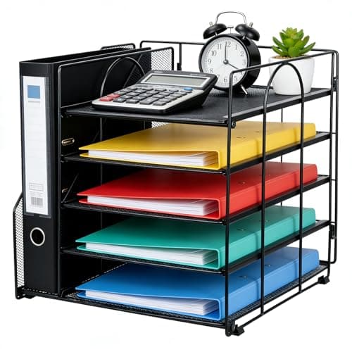 Image of Voency Desk Organiser with File Holder,5 Tiers Paper Letter Tray Organiser, Mesh Metal Magazine File Holder, For Books, Documents, A4 Files, Magazine, Letter, Papers, Notebooks(Black)