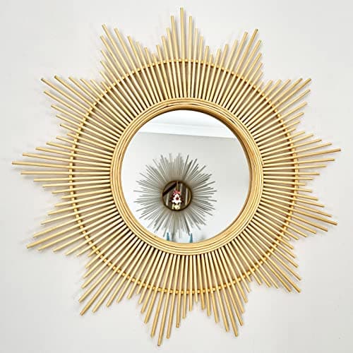 Image of Bamboo Sunburst Wall Mirror 60cm Natural Wood Wicker Frame Boho Style Home Decor