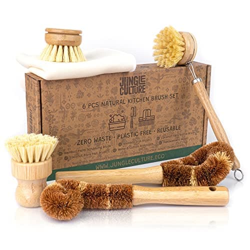 Image of JUNGLE CULTURE 6 Piece Wooden Washing Up Brush Set • Bamboo Dish Cleaning Brushes for Kitchen • Plant Based Eco Pot Scrubbers • Bottle Brush & Eco Friendly Scourer Sponge for Pans & Dishes