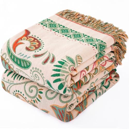 Image of Dormilin Bohemian Throw Blanket for Sofa 150x200cm, 100% Organic Cotton Woven Picnic Blanket for Bed Couch 2-3 Seater, Soft Muslin Quilt with Floral Jacquard, Double-sided Bedspread Throws Green/White