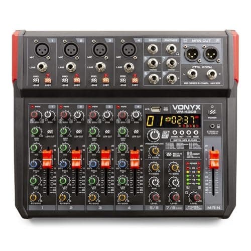 Image of VONYX VM-KG08 8-Channel PA Mixer and Audio Interface with USB, Bluetooth, DSP Effects and Phantom Power (+48V) for Live Sound & Studio Recording