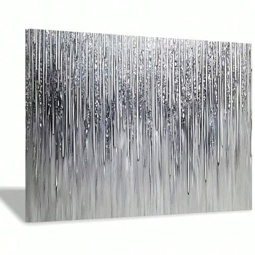 Image of IXEHOH Abstract Drip Canvas Wall Art - Modern Metallic Silver & Grey Texture Print for Living Room, Bedroom, Office Decor (160 Characters) 30x40