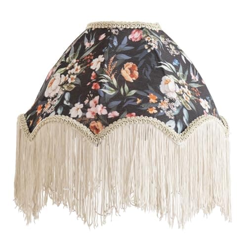 Image of ValueLights | Peony Scalloped Floral Fabric Classic Lamp Shade with Cream Tassels | 300mm Shade Width