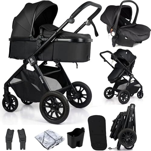 Image of For Your Little One Cruise 3-in-1 Travel System with i-Size Car Seat, Stroller, 13kg Pram, Height Adjustable Handle, Pram, Newborn 0-4 Years Free Raincover and Cupholder (Eclipse Black)
