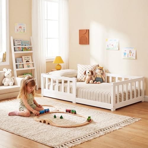 Image of Meulbaty Toddler Floor Bed 70x140cm - Low Montessori Bed with Movable Safety Guardrails, Natural Solid Wood Frame with Slats, Floor Bed for Kids Girls Boys,White
